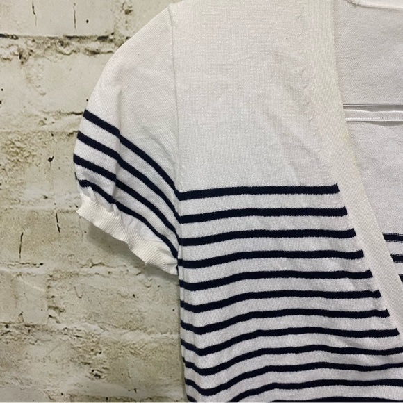 J Crew White Black Striped Cotton V Neck Short Sleeve Cardigan Top - Picture 2 of 5